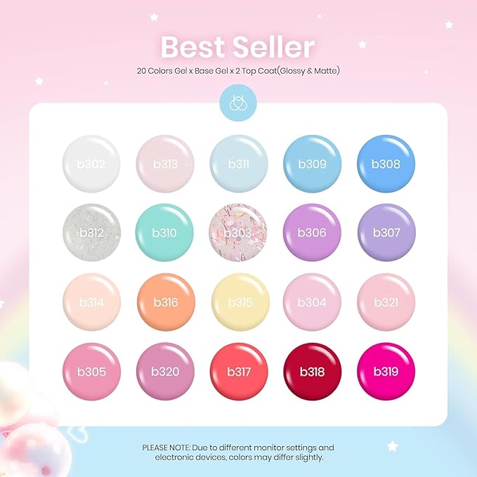 Beetles 23Pcs Gel Nail Polish Set with Base Top Coat, Pastel Bright Neon Colors Gel Polish Kit Nude Blue Pink Red Green Purple Colors Soak off Uv Nail Spring Gift for Girls