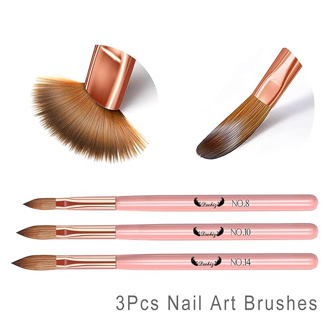 3 PCS Nail Brush Set, Professional Nail Art Brush Size 8/10/14, Nail Brushes for Acrylic Powder, 3D Nailcarving Tool Brushes Festival Women Gift Set, Art Brush for Beginner and Professional, PInk