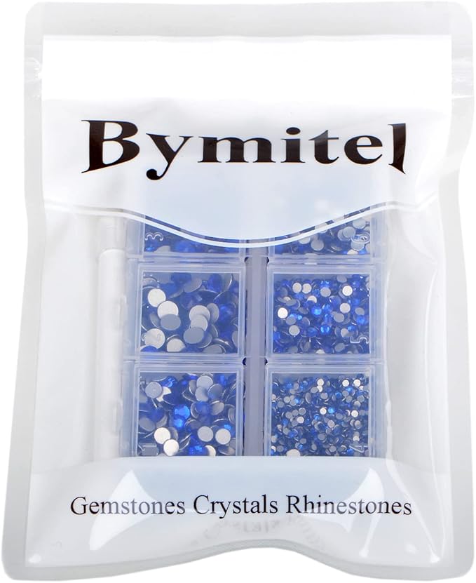 Bymitel 5000 Pieces 6 Mixed Sizes Glue Fix on Glass Rhinestones Round Crystal Gems Flatback for DIY Jewelry Making with one Picking Pen (6-Sizes 5000PCS, Sapphire)
