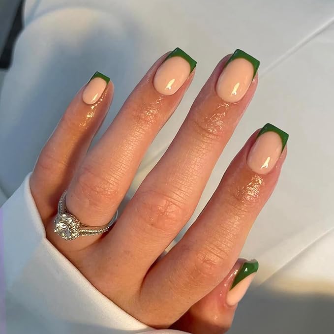 Dark Green Semi Cured Gel Nail Strips French Tip 20Pcs Clear UV Gel Nail Stickers Glossy Nails Polish Strips UV/LED Light Needed Self Adhesive Full Polish Nails Wraps for Women