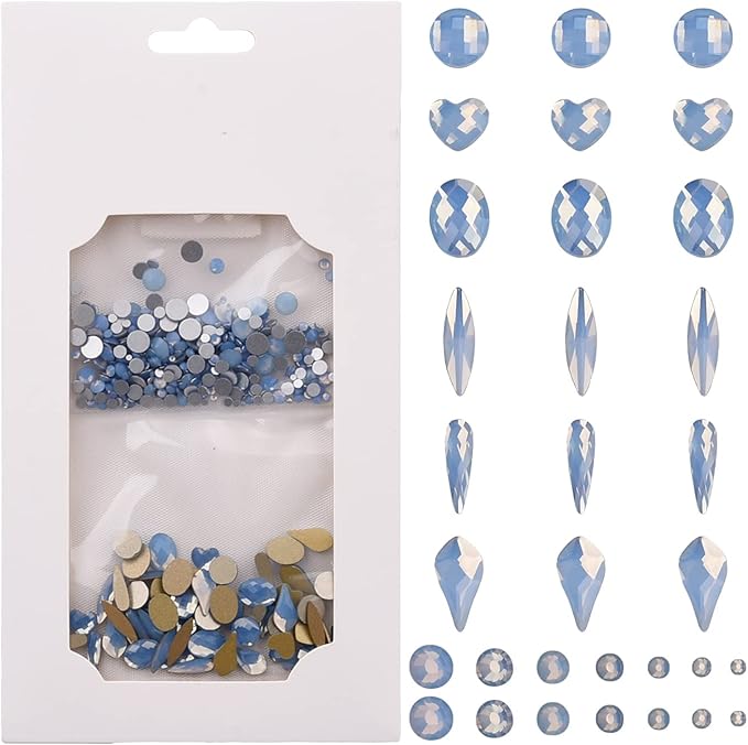 60pcs 6 Different Shapes Flatback Blue Opal Nail Rhinestones 480pcs Round 3D Diamond Gems Bulk Pack for Nail Design Jewels Decoration