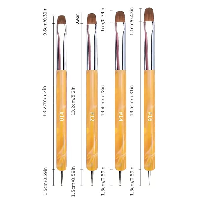4Pcs French Tip Brush, Double-Ended French Brushes for Nails with Dotting Tool, Clean Up Brush for Gel Nail Polish, Size 10/12/14/16, Acrylic Nail Art Brushes, Manicure Tools for Nail Design-Yellow