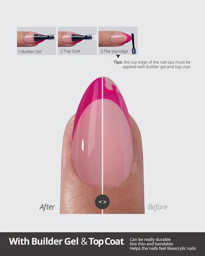 BTArtboxnails XCOATTIPS Pink French Tip Press On Nails - Short Almond Press On Nails, Soft Gel Nail Tips, Soak Off Pink Acrylic Fake Nail Extension in 16 Sizes