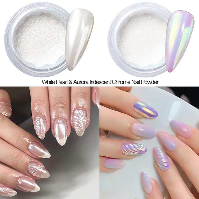 Chrome Nail Powder Kit, 6 Colors Chrome Powder with 3D Sculpting Gel for Nail Art Gold Silver Metallic Mirror Effect Pigment Holographic Glitter White Pearl Dust Kit for Manicure Decor