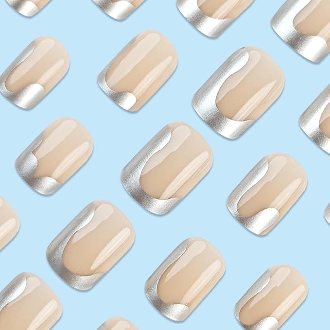 Square Press on Nails Short - Silver French Tip Fake Nails - Glue on Full Cover Stick on Glossy Acrylic Artificial Nails for Women Manicure - 24Pcs