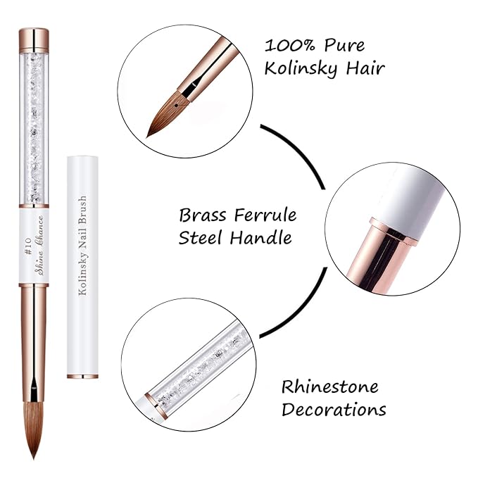 2Pcs Acrylic Nail Art Brush Size 10, 100% Pure Kolinsky Hair Oval Nail Brush for Acrylic Application, Professional Nail Extension Manicure Tool Striping Nail Drawing Pen for Home Salon