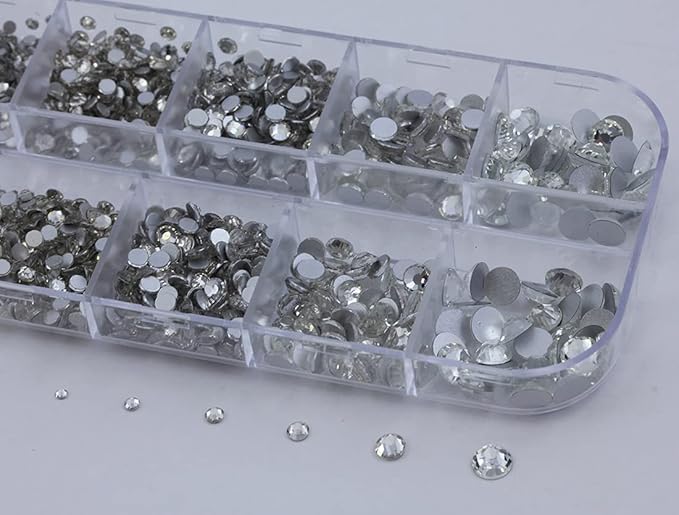 Over 2100 Pieces Crystal Clear Flat Back Glass Rhinestones Crystals for Nail Art Kit 6 Sizes (1.4mm - 4.8mm)