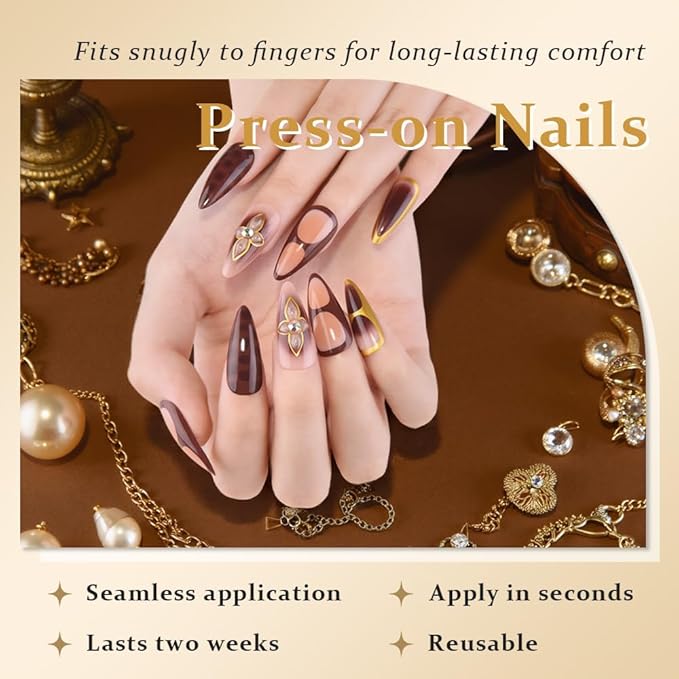 evpct Handmade Press on Nails Medium Almond, Mauve Artificial French Tip Fake Nails Kit with Gold Line & 3D Flower & Rhinestones Design, Stick on Nails with Nail Kit, 24Pcs Reusable Stick on Nail Kit