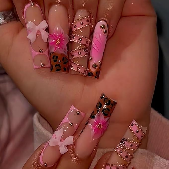 Long Square Press on Nails French Tip Fake Nails Pink False Nails with Bow Designs Floral Artificial Nails Stick on Nails for Women 24pcs