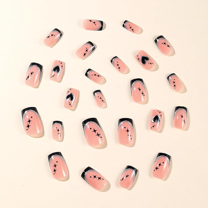 French Tip Press on Nails Short Square Valentines Fake Nails Heart Press ons Black Nails Tips Glue on Nails Glossy Full Cover Designs Stick on Nails Acrylic False Nails for Women Girls 24Pcs