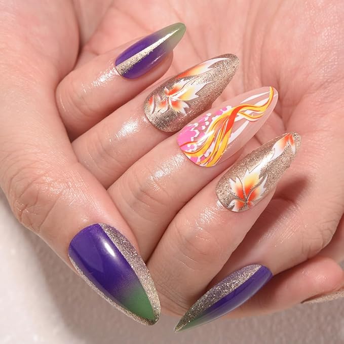 evpct Fall Press on Nails Medium Almond Maple Leaf Design, Purple Blue Green Ombre Sparkle Glitter Silver Glossy Fake Nail Kit for Women Girls, 24Pcs Perfect Fit Reusable Stick on Nail Press ons