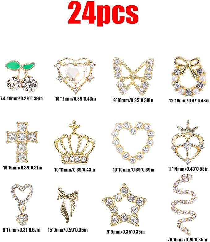 3D Nail Charms,24Pcs Love Heart Star Cross Cherry Butterfly Bow Nail Rhinestone Charms,Metal Alloy Nail Art Decorations for Manicure Design Accessories DIY Crafts (A Gold)