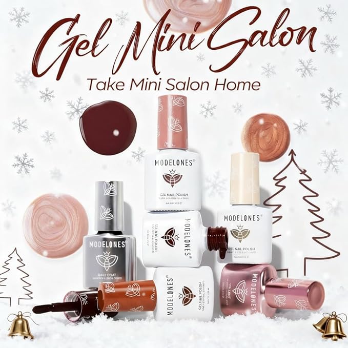 modelones Gel Nail Polish Kit with UV Light, Milky White Burgundy Red Nude Glitter Gold Winter Christmas Metallic Manicure Set with Base Top Coat Star Stickers 4 Colors Gel Mini Salon Nail Art Gift