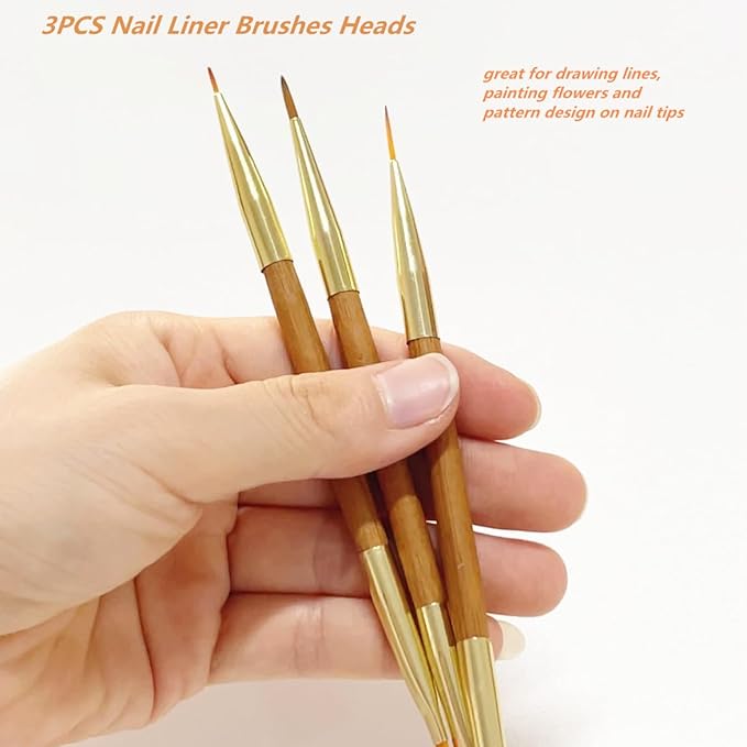 3Pcs Nail Art Drawing Brushes, Short Bamboo Penholder Double End Pen Brush, Acrylic Round Flat Painting Drawing Liner Tools