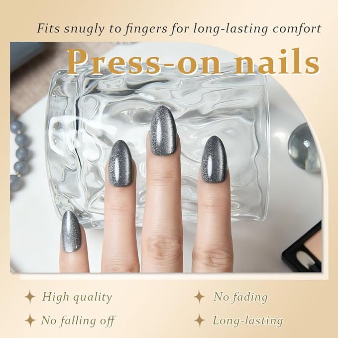 evpct Cat Eye Silver Press on Nails Almond Short, Silver Metal Short Almond Soft Gel Press on Nails with Nail Kit, Fit Perfectly, 30Pcs Reusable Acrylic Fake Press-on Nail Polish Kit for Women Gift