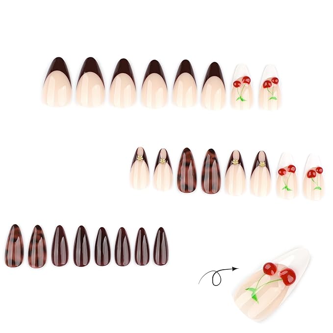 Medium Press on Nails Almond - Winter Brown Fake Nails with Cherry Pattern Design - French Tip Glossy Full Cover Stick on False Nails - for Women 24 Pcs