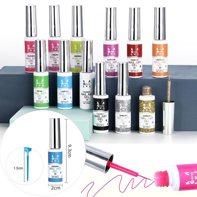 Nail Art Liner Gel Polish Set, 12 Colors Kit With Neon Pink Green Painting and Thin Brush, Soak off Black White Drawing for French Tips, Wave Swirls Nail Design