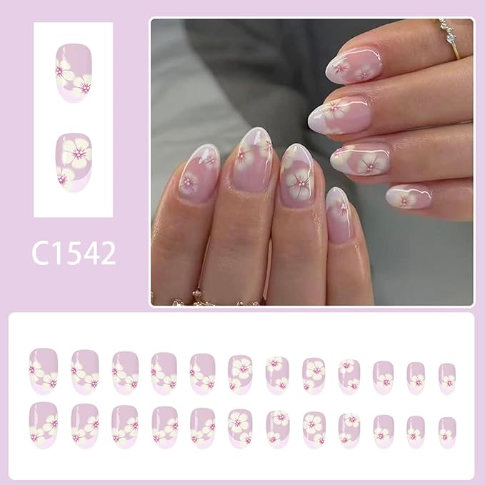 Purple French Tip Press on Nails - Short Fake Nails Almond Nails Press ons with Flower Design, Glossy Acrylic Nails Full Cover Artificial Glue on Nails for Women Manicure 24Pcs