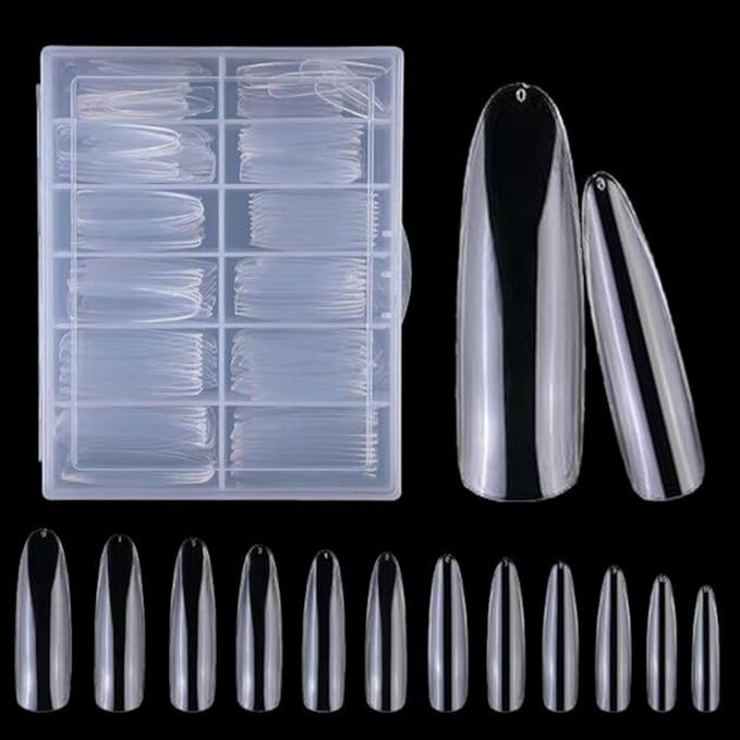 LoveOurHome 240pc XL Clear Almond Acrylic Nail Tips Full Cover Extra Long Fake Nails Oval Press on Nail Clear 12 Size False Naills for Gel Nail Extension Finernails Designs