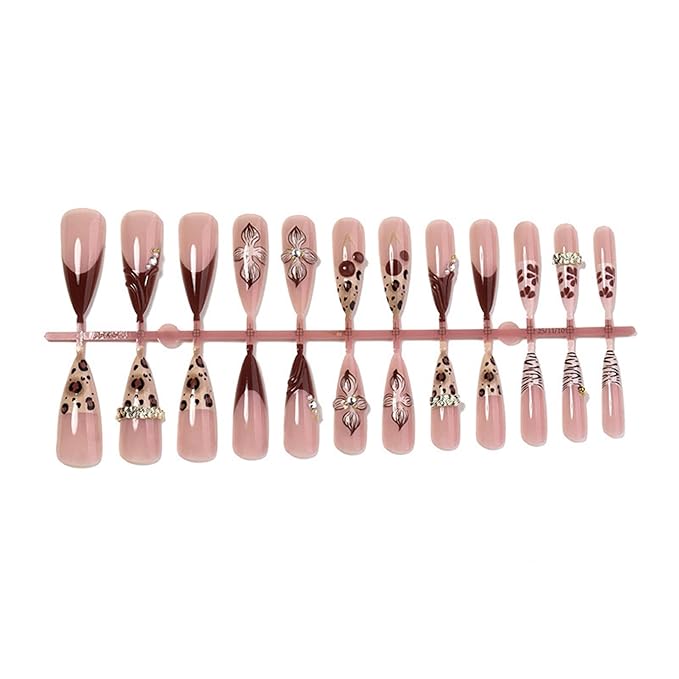 Almond Press on Nails Long Fake Nails Red Artificial Nail Seeneey Red Floral and Cherry Leopard Designs Cute Stick on Nail for Women 24pcs