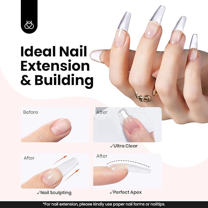 Beetles HEMA-Free Hard Gel for Nails-2 Pcs 1oz 9 in 1 Clear Jelly Pink UV/LED Lamp Cured Sculpting Stengthener Gel for Nail Extension & Nail Repair with Flat Nail Brush for Manicurist Women
