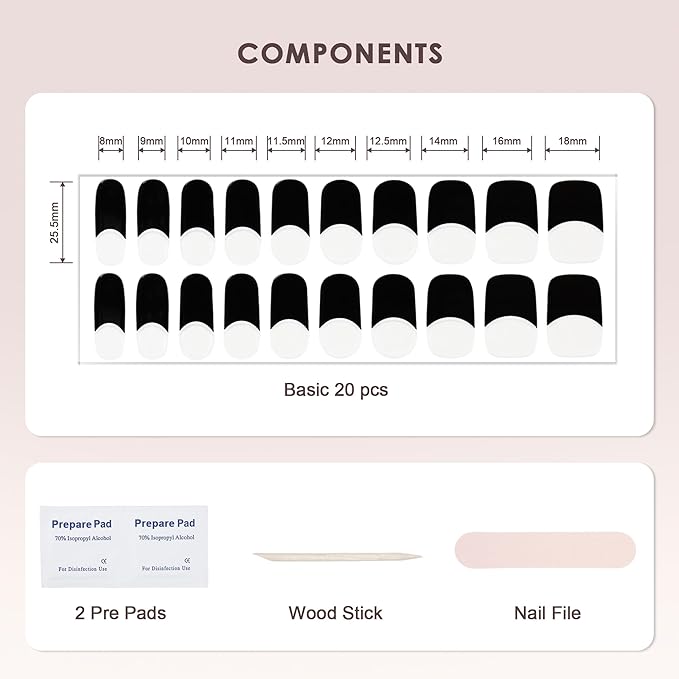 Semi Cured Gel Nail Strips – Real Gel Nail Polish Wraps for Brittle Nails | Long Lasting Easy Peel-Off Removal | Hema-Free | 20-Piece French Tip Black Clear Base Salon Kit with File & Stick