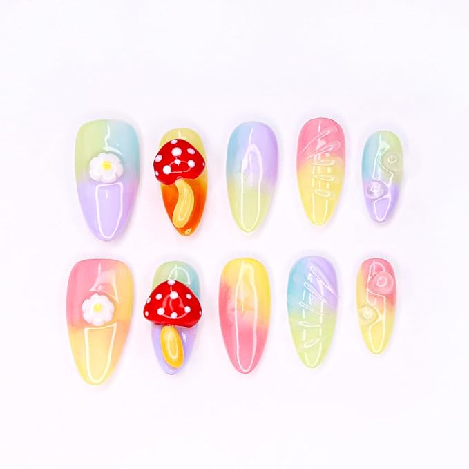 Handmade Press on Nails Almond False Nails Colorful Gradient False Nails with 3D Mushroom Daisy Designs Cute Medium Fake Nails Thick and Muti-Layer Gel Acrylic Nails for Women (Size M)