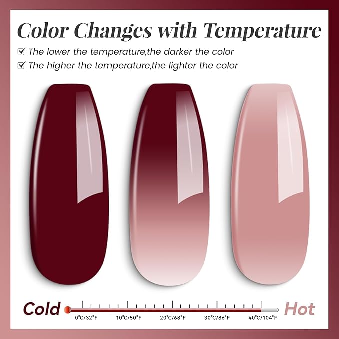 YTD Likomey Color Changing Gel Nail Polish,15ml Translucent Nude Pink Burgundy Red Mood Temperature Change Color Ombre Thermal Salon Home Fall Winter Manicure UV Varnish,WB08