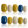COOLYOUNG Press On Nails Short Square, Mixed Color - Blue, Yellow, Beige, Acrylic Fake Nails for Women, 25 PCS Handmade Nails