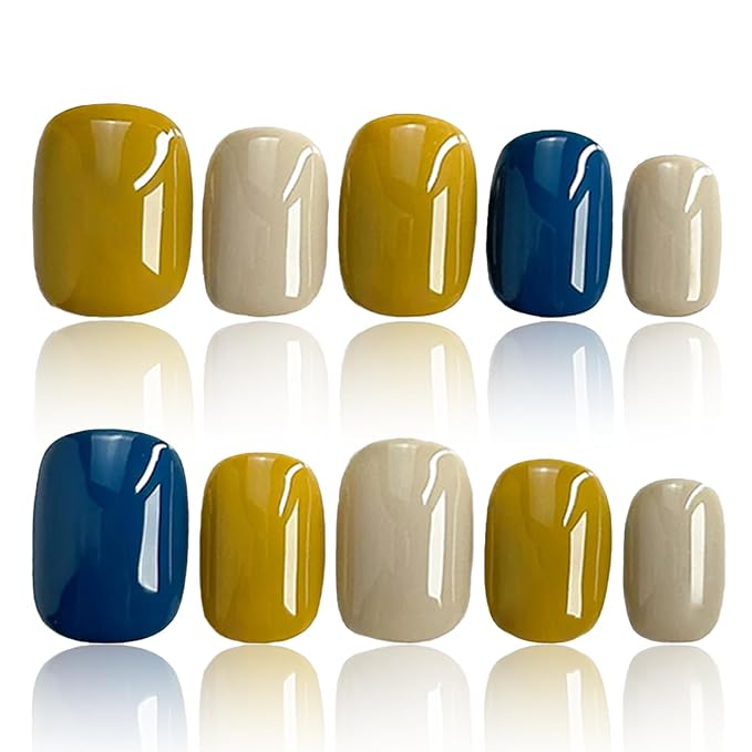 COOLYOUNG Press On Nails Short Square, Mixed Color - Blue, Yellow, Beige, Acrylic Fake Nails for Women, 25 PCS Handmade Nails