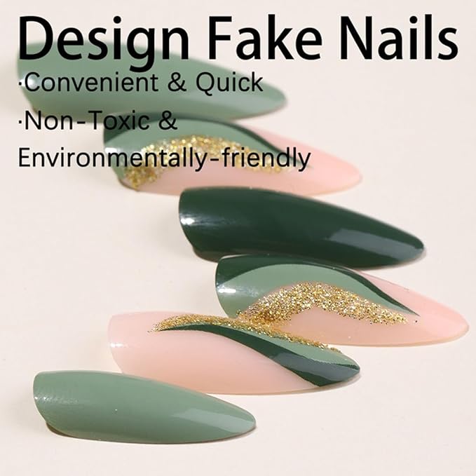 Press on Nails Green - Medium Almond Fake Nails with Gold Foil Design - Christmas, Glossy Full Cover Stick on Nails - for Women 24 Pcs