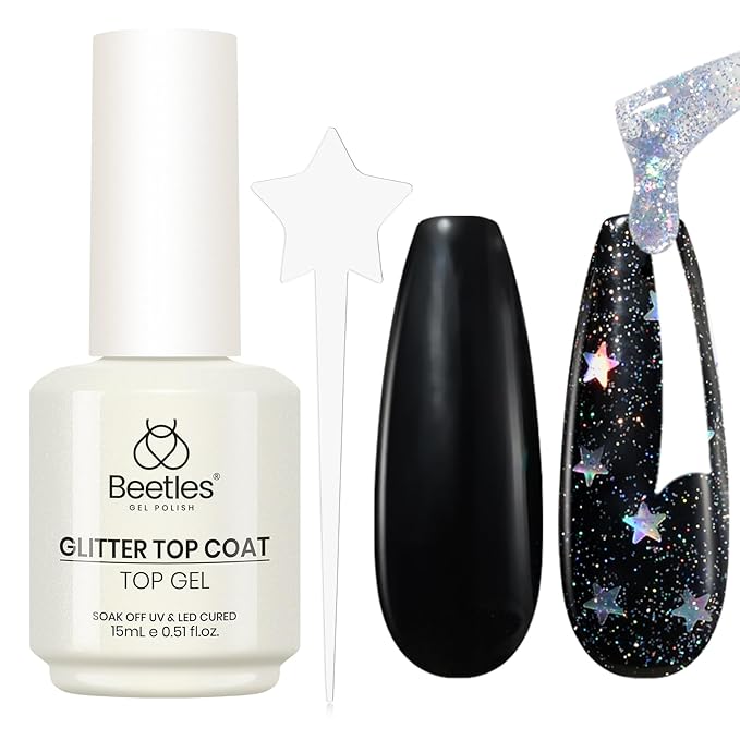 Beetles Glitter Top Coat for Gel Nail Polish 15ml - Reflective Silver Star Glitter Shiny No Wipe Uv Gel Top Coat Nail Art Star Sparkle Manicure DIY Home Salon