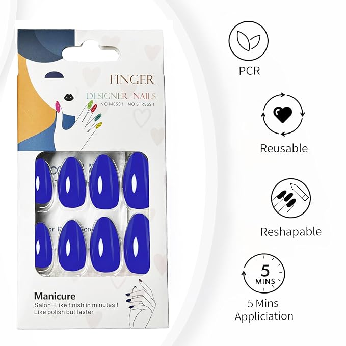 Blue Press On Nails Almond -Short Press On Nails with Nail Glue, Fit Perfectly & Natural Reusable Stick On Nails in 12 Sizes - 24PCS Soft Gel Glue On Nails Kit