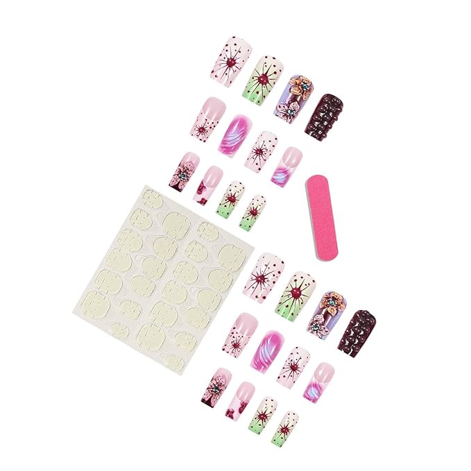 French Tip Press on Nails Long Square Fake Nails Pink False Nails with Flowers Designs Artificial Nails Charm Stick on Nails for Women 24pcs