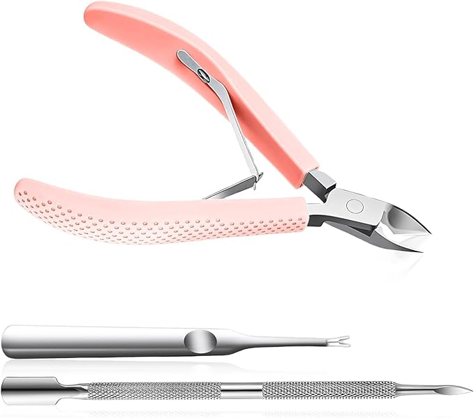 Fine Edge Cuticle Trimmer & Nippers, Scissors, Silicone Handle Nail Tools for Precise Removal, Durable Washable Cuticle Cutter & Remover & Pusher Nail Clippers (Pink+Pusher 1Set)