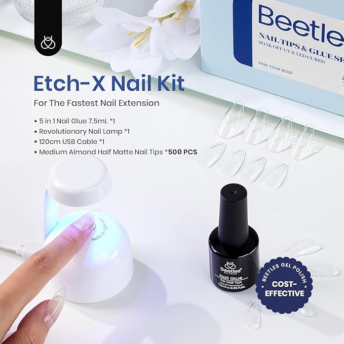 Beetles Gel Nail Kit Etch-X, Almond Medium, 500pcs 12 Sizes, with 9 in 1 Glue Mini Nail Lamp, Pre-Etched Half Matte Easy Extension Set for Home DIY Salon Manicure Art