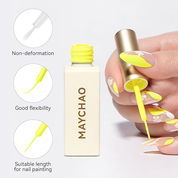 MAYCHAO Neon Yellow Swirl Gel Liner Nail Art Polish, 8ml Spring Summer Bright Yellow Gel Color Built-in Thin Brush, UV Light Cure for French Nail Tips DIY Manicure at Home Salon