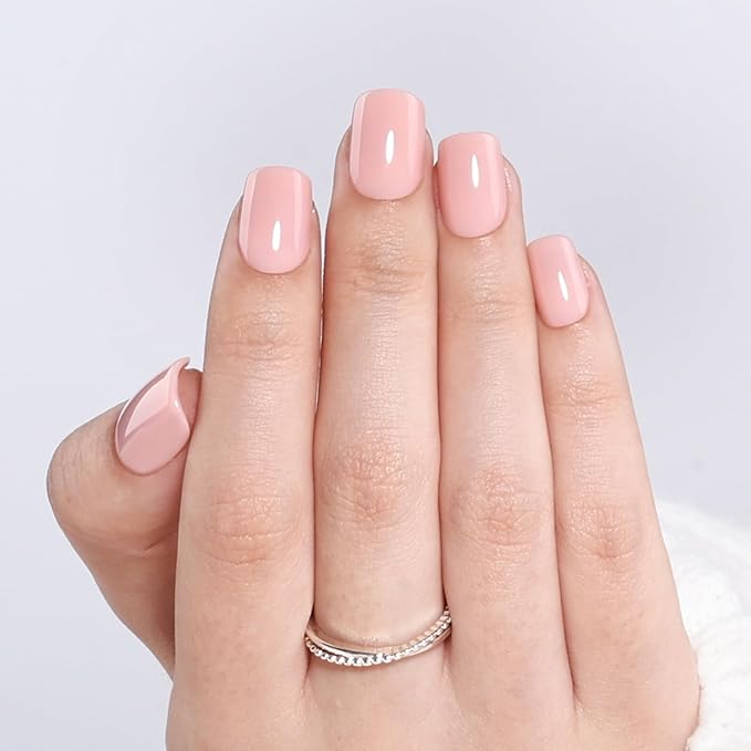 Press on Nails Short - Square Nails Press ons for Women, Reusable Glossy Nude Pink Glue On Nails 30 Pcs 15 Sizes Fake Nails Kit with Glue, Soft Blush