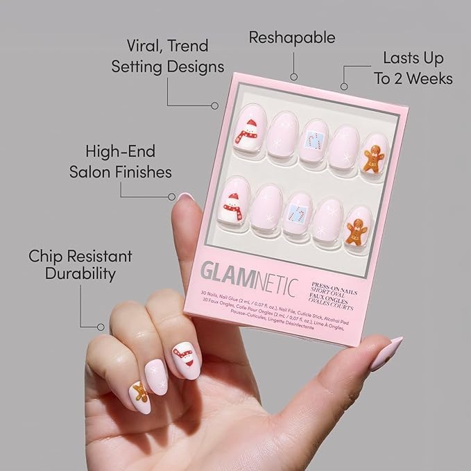 Glamnetic Press On Nails – Cocoa & Kisses | Short Oval Fake Nails in Nude Base with Festive Winter Graphics, Glossy Finish, Salon Quality Holiday Nails | 15 Sizes, 30 Nail Kit with Glue