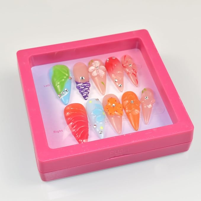Handmade Press On Nails Long Stiletto Fake Nails Glue Stick On Nails with Flowers Bling Rhinestones