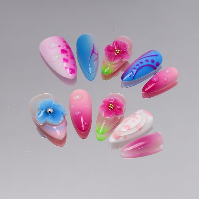 Handmade Almond Press on Nails Thick Fake Nails with Water Droplet Pattern Designs Medium Length Acrylic Nails with Glue,Flower Art Nature Stick on Nail False Nails for Wome (Size S)