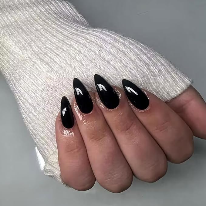 Black Press on Almond Shaped Nails - 48Pcs Neutral Thick Fake Nails for Women, Medium Length Reusable Acrylic Stiletto False Nails, Glue on Artificial Gel Nails