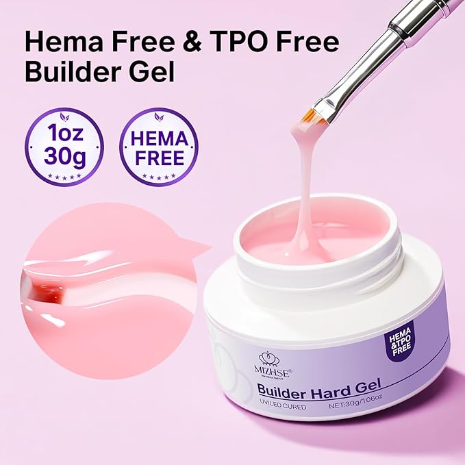 MIZHSE HEMA-Free Hard Gel for Nails-1.06oz Jelly Nude Pink Builder Gel Nail Stengthener U V/LED Extension Gels for Nail Repair for Women