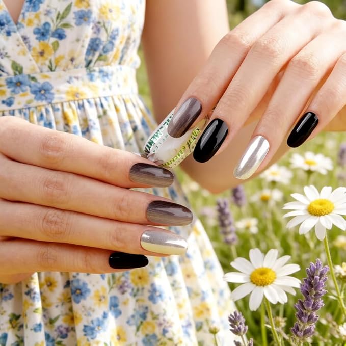 DANNI & TONI Semi Cured Gel Nail Strips Black Silver Ombre (Moon Veil) Mirror Gel Nail Wraps 28 Stickers