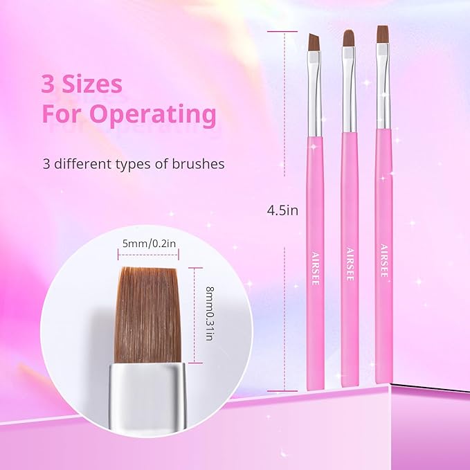 AIRSEE Nail Art Clean Up Brushes, 3 PCS Flat/Oval/Fine Angled Gel Nail Brush for Cleaning Polish Mistake on the Cuticles, Painting Brushes, Art Design DIY Tools, Pink