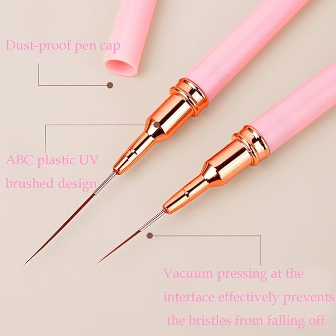 5Pcs Metallic Nail Art Liner Brush Set, UV Gel Polish Painting Tools for Long Lines, Thin Details, Fine Drawing, Sizes 4/8/12/20/25mm (Black)
