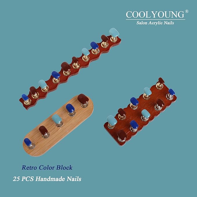 Press On Nails, COOLYOUNG Mixed Color Press On Nails - Blue, Brown, Light Blue, Square Short Acrylic Nails, 25 PCS Handmade Nails