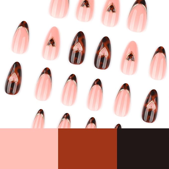 Medium Press On Nails Almond, Nude Pink French Tip Leopard Design with Gold Heart Detail, Glossy Acrylic Fake Nails, Reusable Stick On Nail Set 24pcs for Women, Chic Elegant Manicure