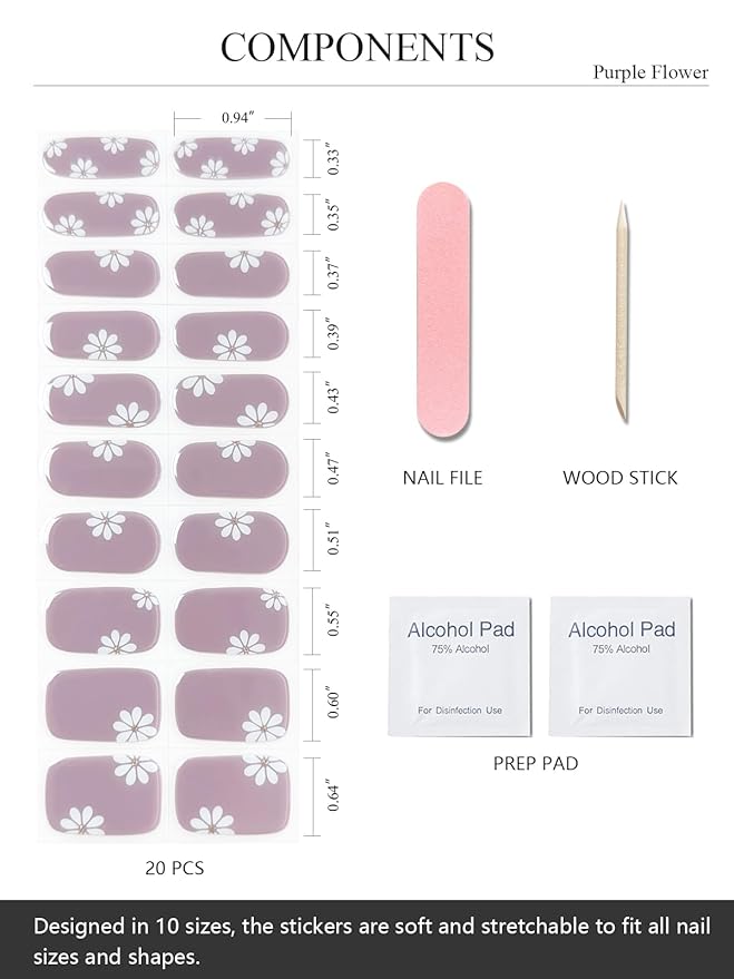 Semi Cured Gel Nail Strips (Purple Flower), 20 Pcs Gel Nail Wraps, Stickers, Salon Quality, Long Lasting, Works with Any UV Lamps