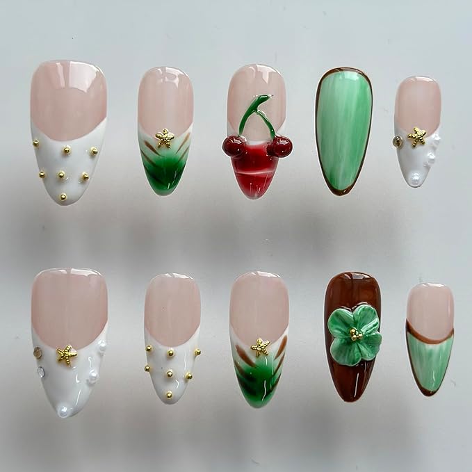 Luxury Press on Nails Medium Almond Handmade 3D Unique Reusable ABS Material Fake Nails French Tip False Nails with Designs Floral Cherry Rhinestones Pearls Glossy Glue on Nail Thick Acrylic Nail(M)